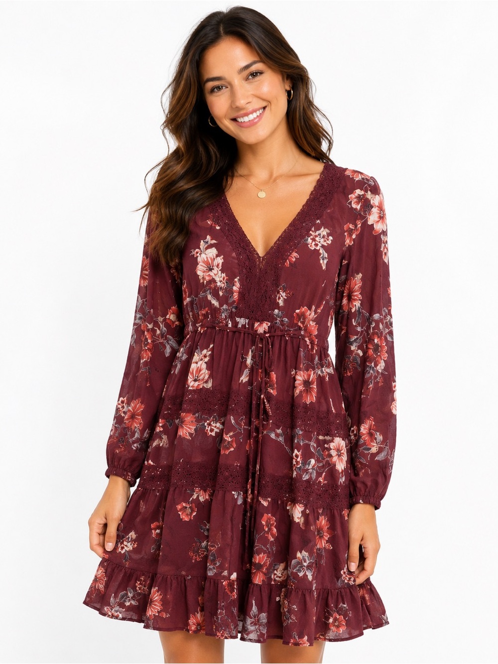 Xhilaration midi V-neck lace trimmed dress, Size Small
